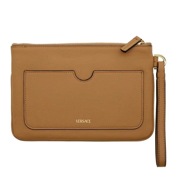 VERSACE Medusa Wristlet Zip Clutch Caramel Leather Pouch with Dust Bag & COA - Picture 3 of 9